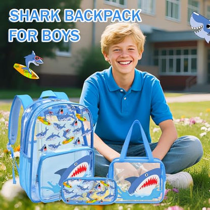 3PCS Clear Blue Backpack for School - Shark Cartoon Kids Clear Backpacks for Boys and Girls, Heavy Duty Transparent Bookbag with Lunch Bag and Pencil Case - See Through PVC Transparent Bookbag - color: Blue-Shark