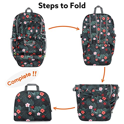 G4Free 40L Lightweight Packable Hiking Backpack, Waterproof Travel Daypack - color: Black Base Floral