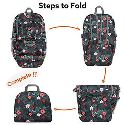 G4Free 40L Lightweight Packable Hiking Backpack, Waterproof Travel Daypack - color: Black Base Floral