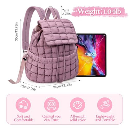 Quilted Puffer Backpack for Women Lightweight Soft Puffy Backpack Purse Casual Daily Drawstring Flap Daypack (Dark Purple) - color: Dark Purple