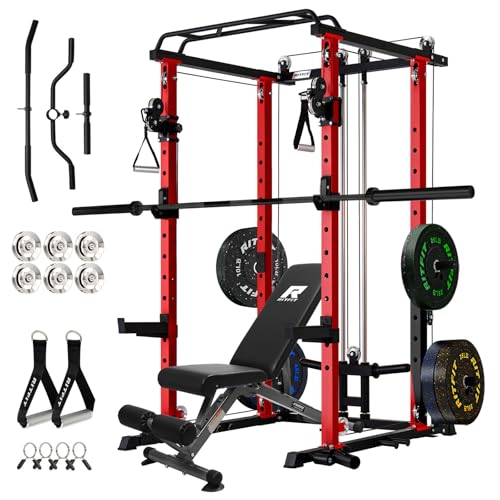 RitFit Multi-Function Garage & Home Gym Package Includes 1200LBS Power Cage PPC03/P3 with Cable Crossover System, Weight Bench, Olympic Barbell Weight Set, Full Body Workout - color: Red, style: Package 1.5K (with FBP 230lbs Plates)