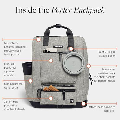 Cleverpup Porter 2-in-1 Dog Gear Backpack – Premium Dog Travel Bag with 10 Pockets, Zip-Off Treat Pouch, Leash Clip, Waterproof Pockets & Water Bottle Holder – Weekend, Hiking, Camping, Heather Grey - color: Heather Grey