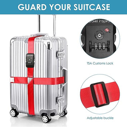 Travel Inspira Luggage Straps for Suitcases with TSA Lock, Protect Your Luggage Anti-Burst, High Visibility Color, Easy to Identify Luggage Adjustable Heavy Duty Belt for 20-28 Inch Suitcases - color: Cross Red