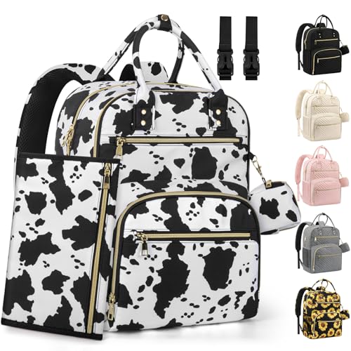 Pritent Diaper Bag Backpack,Baby Essentials Diapers Bag with Pacifier Case,Multipurpose Stylish Large Capacity Travel Backpack for Baby Girl/Boy(L-Cow Print) - color: Cow Print, size: Large (With Extra Layer & Changing Pad)