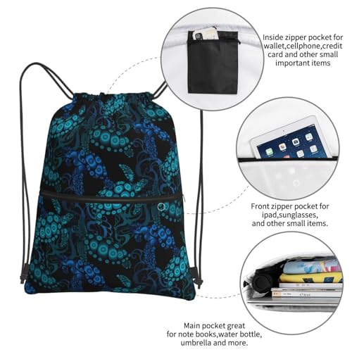 JOOCAR Sea Turtle Drawstring Bag Blue Backpack Draw String Bags Waterproof Lightweight Sports Gym Beach Sackpack Zipper Pocket for Men Women - color: B6