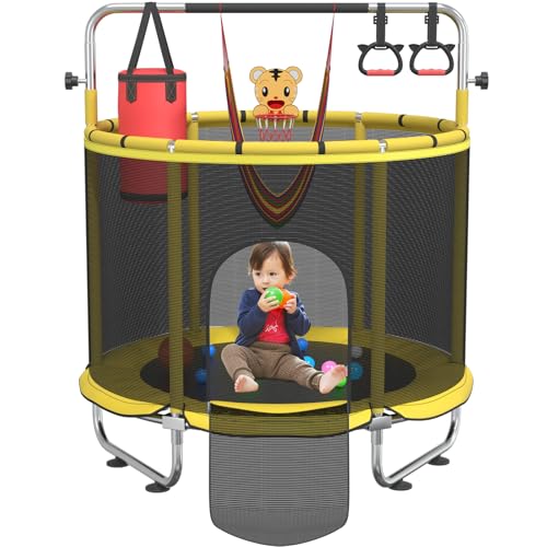 Trampoline for Kids, 55" Indoor & Outdoor Toddler Trampoline, Anti-Rollover Bottom Kids Toys with Adjustable Gymnastics Bars, Toddler Swing, Basketball Hoop - color: Yellow