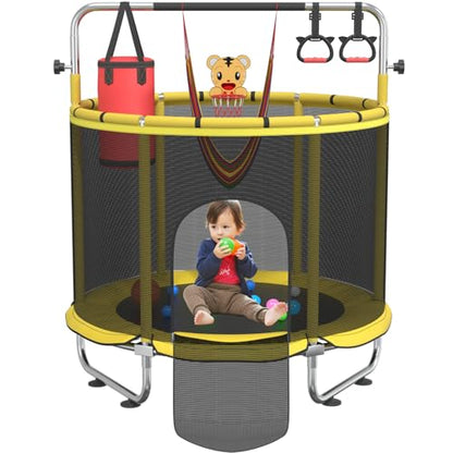Trampoline for Kids, 55" Indoor & Outdoor Toddler Trampoline, Anti-Rollover Bottom Kids Toys with Adjustable Gymnastics Bars, Toddler Swing, Basketball Hoop - color: Yellow