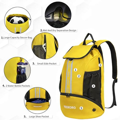 Soccer Backpack Multifunctional Sport Gym Bags with Dry-wet Separate & Shoe Compartment for Basketball Volleyball - color: Upgraded Yellow