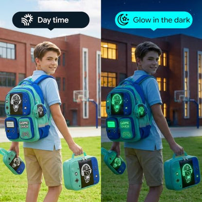 Boys Backpack, Luminous Gamer Backpack for Boys with Lunch Box,Pencil Case and Coin Puese,Kids Schoolbag Bookbag for Teen Boy Elementary Middle High School Travel(Green-Blue) - color: Green-blue