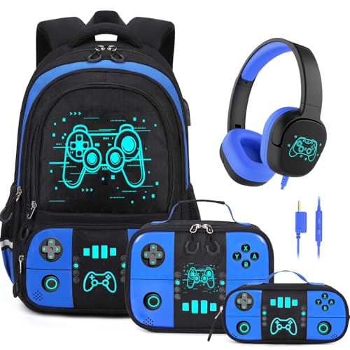 Bevalsa Backpack for School Boys,Cool Luminous Gamer Boys Backpacks with Wired Headphones Lunch Box Pencil Case,Kids Schoolbag for Kindergarten Elementary School(Blue Game Backpack with Headphones) - color: Blue Game, style: Backpack With Headphones