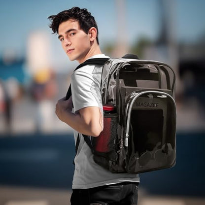 Clear Backpack School Bag Stadium Approved Heavy Duty Large PVC Laptop Transparent Backpack See Through for Sports, Work, Stadium, Security, Travel, College - H18''xW14''xD8“ - color: Black