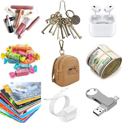 AIBFRID 4Pcs Mini Backpack Keychain,Cute Cosmetic Bag for Women,PU Leather Makeup Bag Key Pocket Lipstick Bag Card Holder Data Cable Organizer Zipper Pouch (Brown Kraft Paper) - color: Brown Kraft Paper