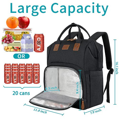 17 Inch Laptop Backpack, Large Lunch Backpack for Women Men Gifts, Travel Carry On with Lunch Box and USB Port, Insulated Cooler Bookbag Nurse Work Backpacks, Black - color: Black-17inch