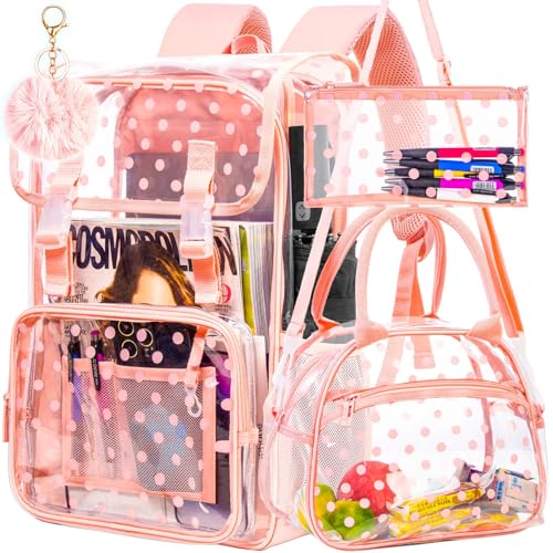 3PCS Pink Clear Backpack, Heavy Duty Transparent Bookbag for Girls Women, Stadium Approved See Through Backpack Set (Pink Dot) - color: Pink Polka Dots