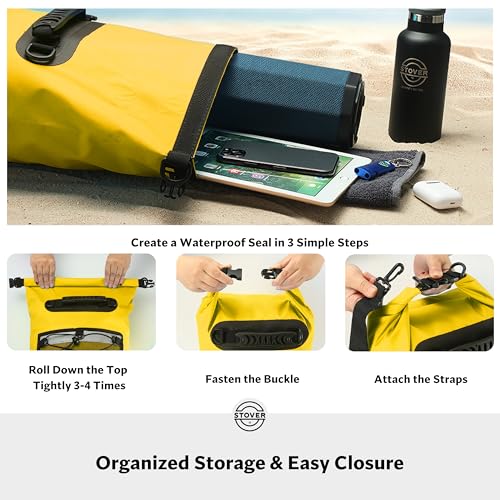 STOVER 5/10/25/30/40/55L Waterproof Dry Bag- Roll-Top Backpack w/Phone Case- Kayaking, Hiking, Camping, Boating- Men/Women - color: 25l Yellow (With Phone Case), size: 25L