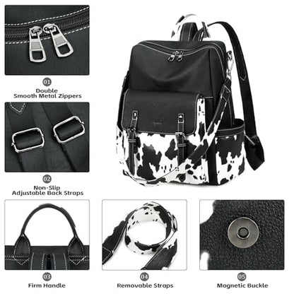 AGLOD Backpack Purse for Women PU Leather Back Packs Designer Ladies Shoulder Bag Fashion Faux Work Travel Handbags - color: Black Cow