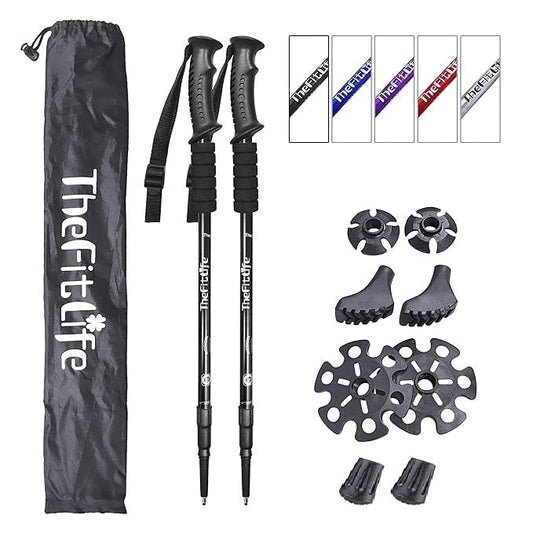 TheFitLife Nordic Walking Trekking Poles - 2 Sticks with Anti-Shock and Quick Lock System, Telescopic, Collapsible, Ultralight for Hiking, Camping, Mountaining, Backpacking, Walking, Trekking - color: Black