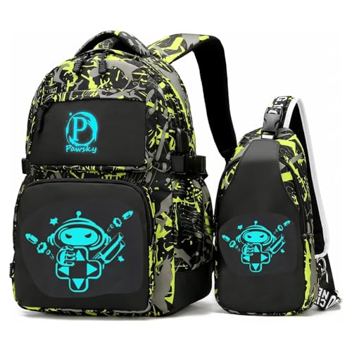 Boys Backpack, Cool Luminous School Backpack with USB Charging Port for Teen Boys, Kindergarten Elementary College Middle School Bookbag Lightweight Laptop Bag with Sling Bag Set, Green - style: Gamer-green02