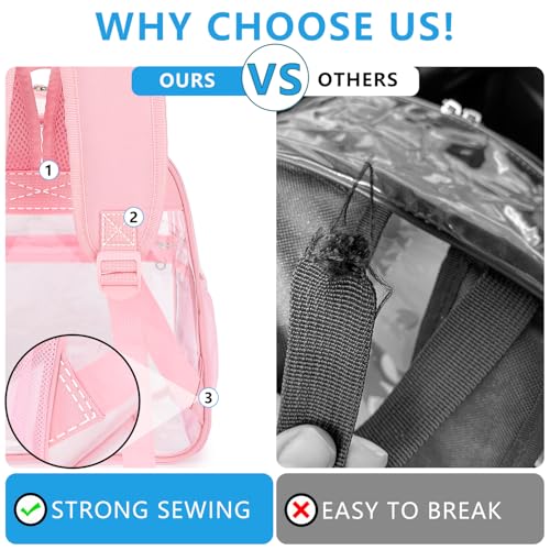 Fammart Clear Backpack Stadium Approved 12x6x12 - Kids & Small Adult Transparent Backpack for School, Work, Sports, Concerts - Clear Bag - color: Pink