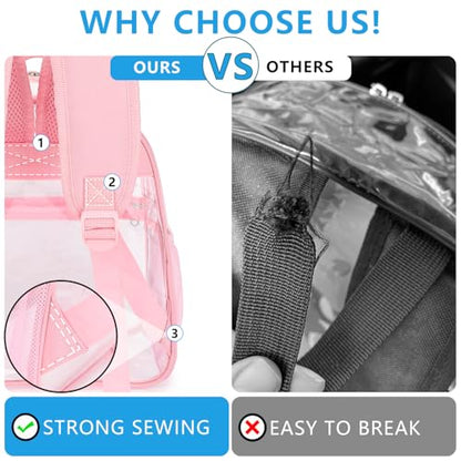 Fammart Clear Backpack Stadium Approved 12x6x12 - Kids & Small Adult Transparent Backpack for School, Work, Sports, Concerts - Clear Bag - color: Pink
