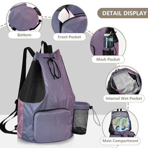 Drawstring Backpack Sports Bag With Water Bottle Pocket Cinch Back Sack Waterproof Blue Pink Gradient