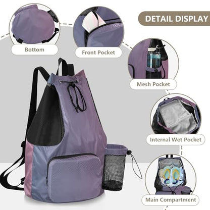Drawstring Backpack Sports Bag With Water Bottle Pocket Cinch Back Sack Waterproof Blue Pink Gradient