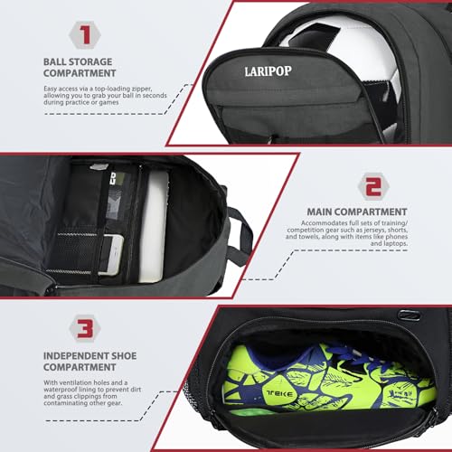 LARIPOP Soccer Backpack with Ball Holder & Shoe Compartment Large Capacity Sports Bag for Training - color: Dark Grey