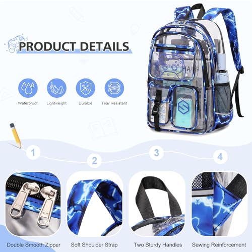 DIGOBAY 3PCS Cool Luminous Clear Backpack for Boys Kids, Gamer Clear Bookbag for School, See Through PVC Transparent Backpacks with Lunch Bag Pencil Case, Backpack Heavy Duty for School Stadium - color: Blue Lightning