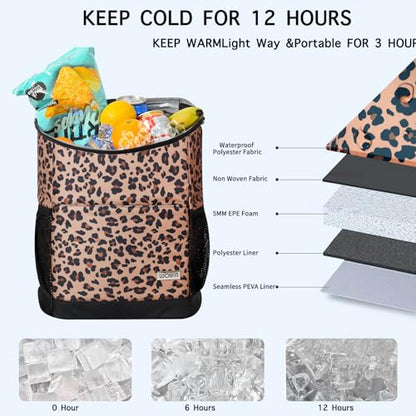Wolka Cooler Backpack 30 Cans,Portable Backpack Coolers Insulated Leak Proof,Waterproof Soft Sided Cooler Bag for Travel,Beach,Camping,Picnic,Lunch Backpack for Women (Brown Leopard) - color: Brown Leopard