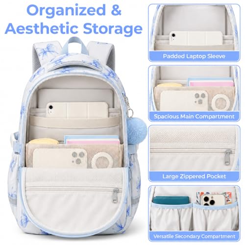 WOBAGMEN Cute Bow Backpack for Teen Girls, Large Capacity Multi-Pocket School Bag Fits 15.6" Laptop, Lightweight Durable Daypack for School and Travel (Blue Bow, M) - color: Blue Bow