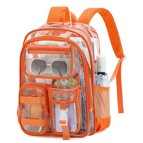 Clear Backpack for School Girls Boys Heavy Duty Transparent Backpack with Multiple Pockets, Lightweight PVC See Through Bookbag for Students - Orange - color: Orange