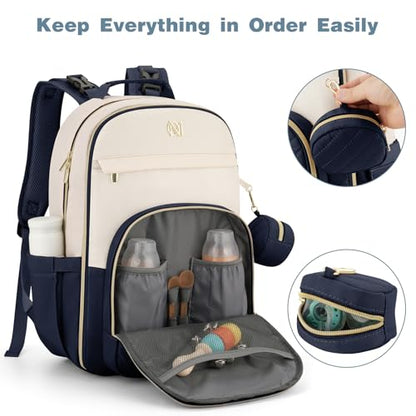MOMUVO Diaper Bag Backpack, Quilted Baby Bag with Changing Pad & Stroller Straps & Pacifier Case, Large Travel Diaper Bags for Mom Dad, Blue Beige - color: Blue Beige