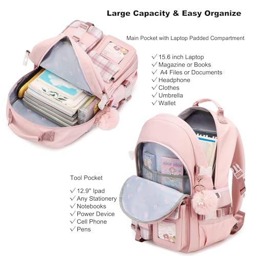 Backpack for Girls, 15.6 Inch Laptop School Bag Kids Kindergarten Elementary College Backpacks Large Bookbags for Teen Girl Women Students Casual Travel Daypacks (Pink) - color: Pink