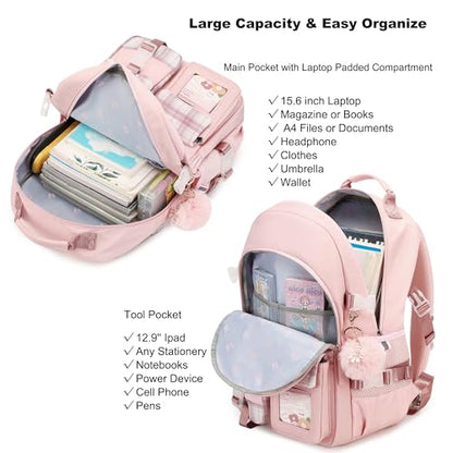 Backpack for Girls, 15.6 Inch Laptop School Bag Kids Kindergarten Elementary College Backpacks Large Bookbags for Teen Girl Women Students Casual Travel Daypacks (Pink) - color: Pink