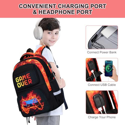 3PCS School Backpack for Boys, Cool Gamer Boys Backpack with Lunch Box and Pencil Case for Kids Kindergarten Teens Elementary Middle School Bag with Convenient Charging Port,Gaming Bookbag Waterproof - color: Red Flame