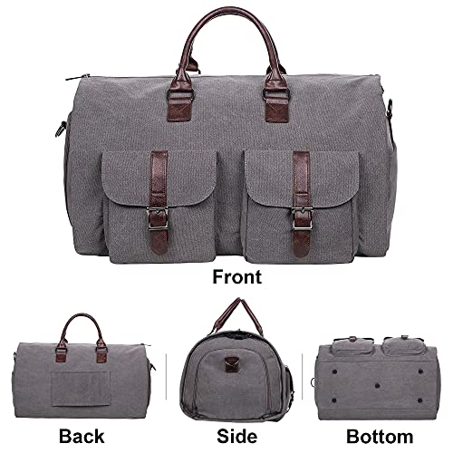 seyfocnia Convertible Travel Garment Bag,Carry on Garment Duffel Bag for Men Women - 2 in 1 Hanging Suitcase Suit Business Travel Bag - color: Grey-2Pockets-Canvas