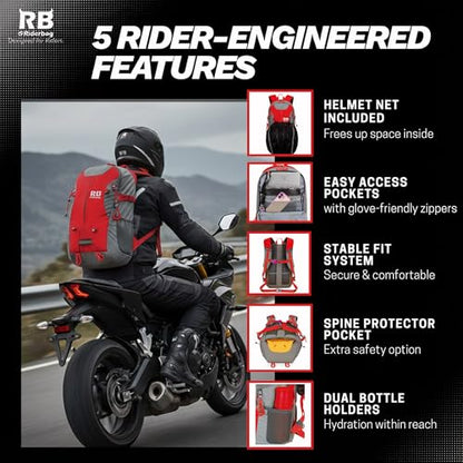 riderbag Reflective Motorcycle Backpack, Hi Viz Commuter Riding Bag | Designed by Riders for Everyday Rides with Laptop Compartment and Helmet Net. Built to Help You Be Seen. - color: Red