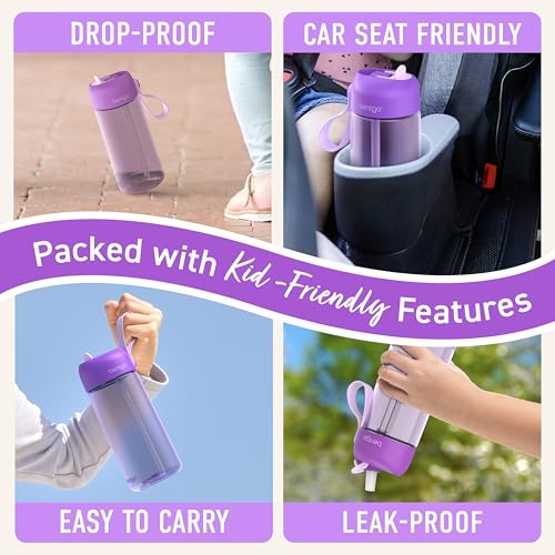 Bentgo Kids Water Bottle - Leak-Proof, Durable Tritan PFAS- & BPA-Free 15 fl oz, Kids/Toddlers Ages 3+ for School & Sports; Bite & Sip Spout, Carrying Handle, Dishwasher Safe (Purple) - color: Purple