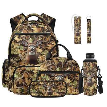 Talayituse Deer Hunting Camo Print Kids Backpack Set for Teens Boys 17.7 Inch 6 in 1 School Bookbag Knapsack with Lunch Bag Pencil Case Water Bottle Sleeve for Hiking Travel Daypack - color: Deer Hunting Camo