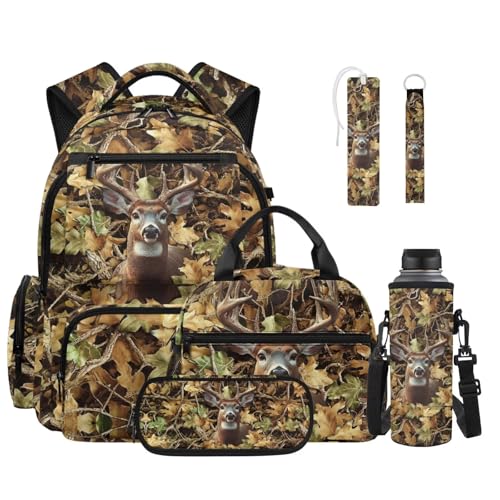Talayituse Deer Hunting Camo Print Kids Backpack Set for Teens Boys 17.7 Inch 6 in 1 School Bookbag Knapsack with Lunch Bag Pencil Case Water Bottle Sleeve for Hiking Travel Daypack - color: Deer Hunting Camo