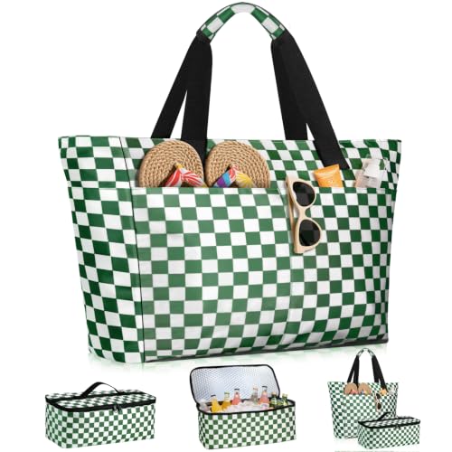 ISEYOU Beach Bag and Cooler Bag Set, 45L Waterproof XXL Foldable Tote with Zipper, 8 Pockets for Pool, Picnic, Travel - color: Green