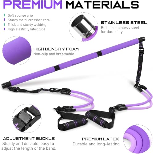 Pilates Bar Kit with Resistance Bands, Multifunctional Pilates Bar for Women & Men with Heavy-Duty Metal Adjustment Buckle, Pilates Home Equipment for Full BodyWorkouts - color: Purple