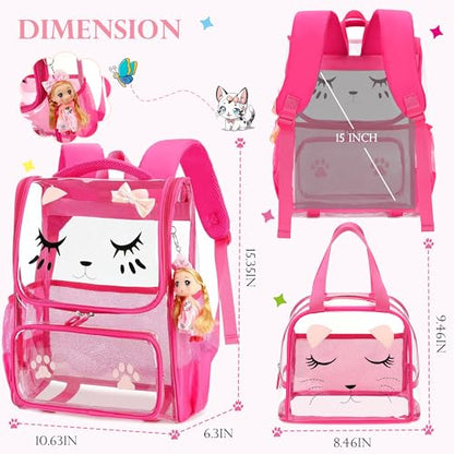 AO ALI VICTORY clear backpack Girls with Tote Bag Heavy Duty PVC Transparent Cute Backpack for Kids Toddler Preschool Bookbags Elementary School Bags See Through Casual Travel Daypack, Rose Red Set - color: Rose Red Set