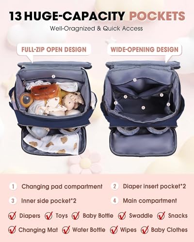 Baby Diaper Bag, Multi-Function Baby Bag for Mom Dad, Diaper Backpack with Changing Pad Stylish Pañaleras para Bebe Stroller Straps, Newborn Baby Essentials Must Haves for Women Navy blue