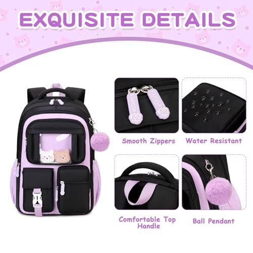 PIG PIG GIRL Kids Backpack for Girls School Bags for Middle School Students Book Bag for Elementary Primary Kawaii Ita Backpack, Black and Purple - color: Black and Purple
