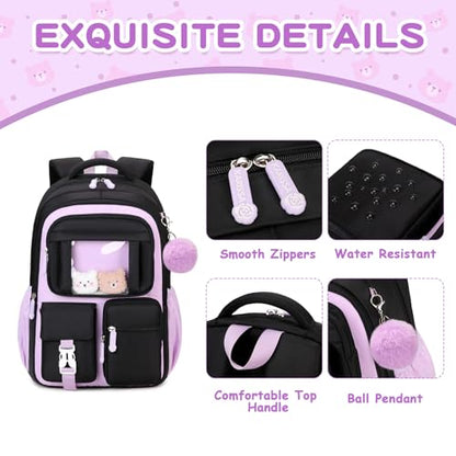 PIG PIG GIRL Kids Backpack for Girls School Bags for Middle School Students Book Bag for Elementary Primary Kawaii Ita Backpack, Black and Purple - color: Black and Purple