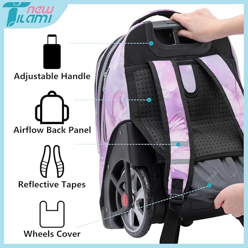 NEW TILAMI 19 Inch Rolling Backpack with Lunch Bag for Girls Boys Wheeled Laptop Backpack Durable Carry-on Bag School Travel, Evening Butterfly - color: Purple Evening Butterfly