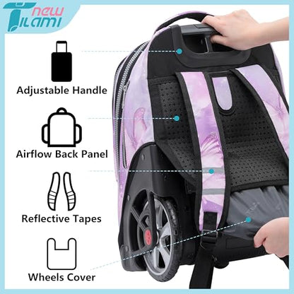 NEW TILAMI 19 Inch Rolling Backpack with Lunch Bag for Girls Boys Wheeled Laptop Backpack Durable Carry-on Bag School Travel, Evening Butterfly - color: Purple Evening Butterfly