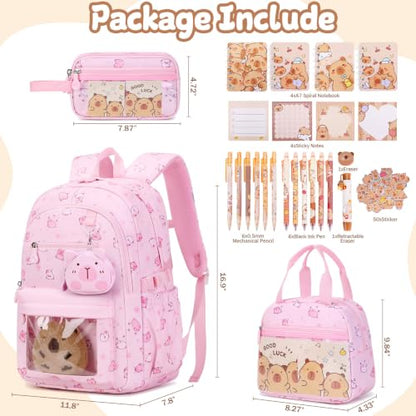 Capybara Theme Backpack for School Girls, 35PCS Kids Backpack Set with School Supplies Stationery Kit Lunch Box Pencil Case, Cute Girls Bookbag for Kindergarten Elementary Student - color: Pink