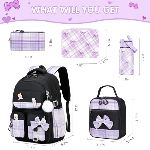 ACESAK 5PCS Backpack for Girls with Bento Box & 14oz Insulated Water Bottle - Cute School Girls Backpacks for Elementary Preschool Middle with Lunch Bag Pencial Case, Back To School (Black Purple) - color: Black Purple